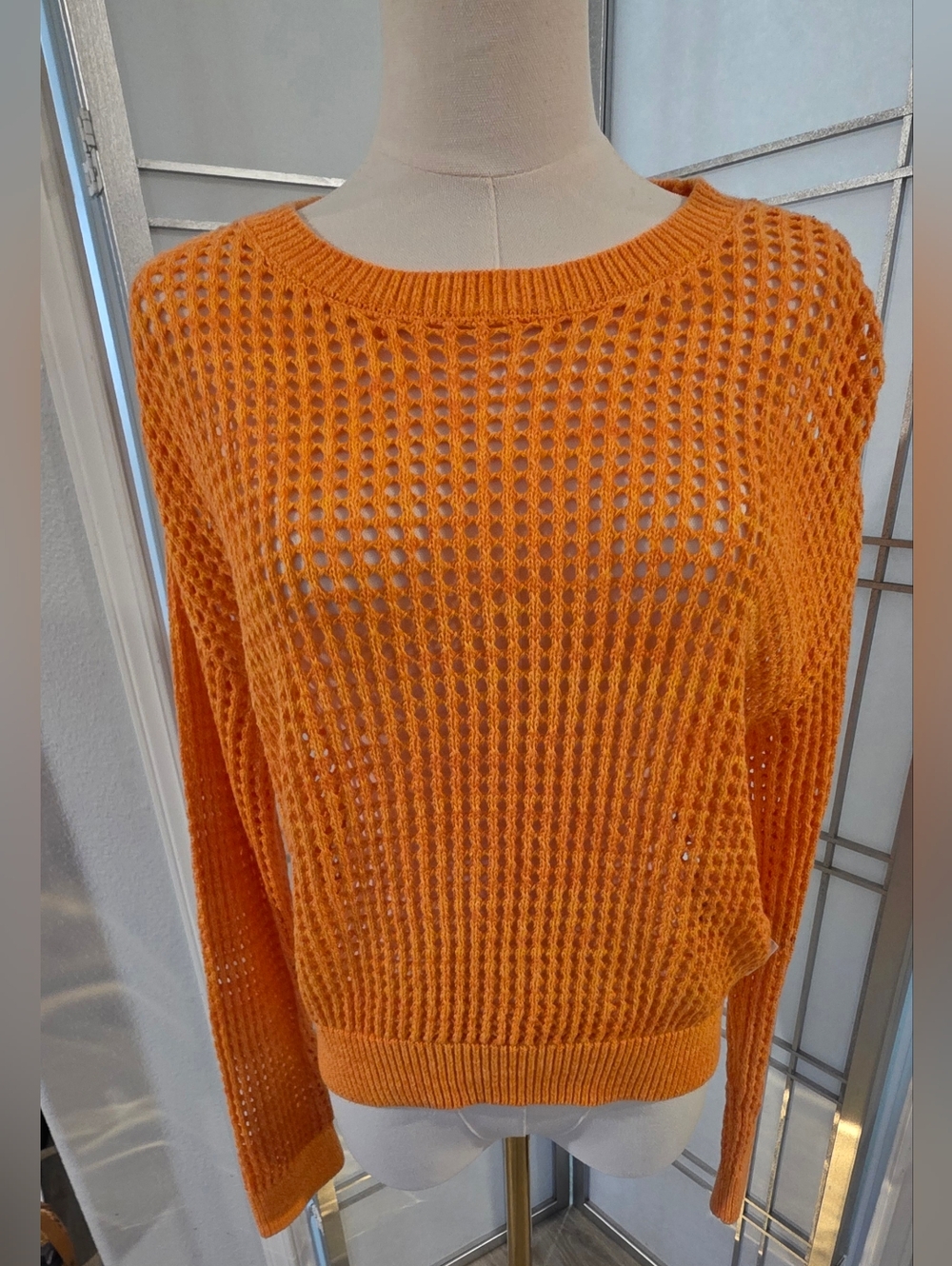 Calvin Klein Jeans Orange Open Knit Sweater Size Small Cropped Lightweight